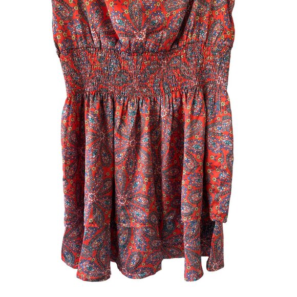 THML Womens Satin Red Paisley Floral Print Smocked Waist Dress Size L - Picture 4 of 11